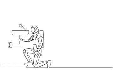 Poster - Single continuous line drawing astronaut plumber repair sink in bathroom and plumbing pipes. Spaceman ability to repair operating system. Cosmonaut deep space. One line draw design vector illustration