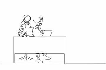 Poster - single continuous line drawing astronaut being punched by boxing gloves from computer laptop at work