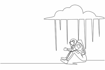 Poster - Single one line drawing unhappy astronaut feeling stress and sad. Sitting under rain cloud due to space expedition failure. Cosmic galaxy space. Continuous line draw graphic design vector illustration