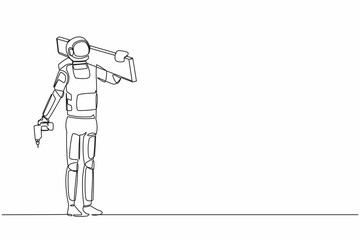Poster - Continuous one line drawing astronaut standing with board, tool box, and drill. Preparation home reparation on moon surface. Cosmonaut outer space. Single line draw graphic design vector illustration