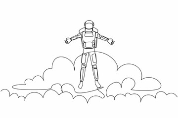 Poster - Continuous one line drawing young astronaut on top of cloud with raised hand. Successful future spaceship technology development. Cosmonaut outer space. Single line graphic design vector illustration