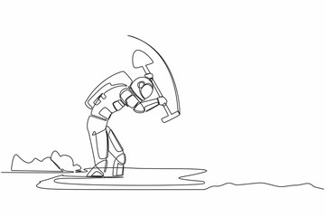 Poster - Continuous one line drawing of young astronaut digging in dirt using shovel in moon surface. Treasure digging, growth wealth. Cosmonaut outer space. Single line draw graphic design vector illustration