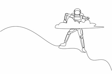 Poster - Single continuous line drawing young astronaut hang in clouds. Hoping for successful spaceship exploring or expedition project. Cosmonaut deep space. One line draw graphic design vector illustration
