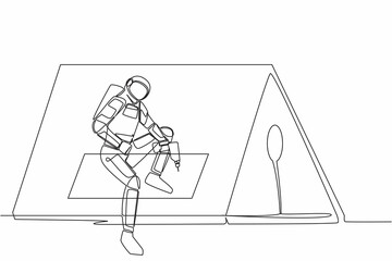 Poster - Single one line drawing of astronaut roofer installing wooden or bitumen shingle at home in moon surface. Ability to repair operating system. Cosmic galaxy space. Continuous line graphic design vector