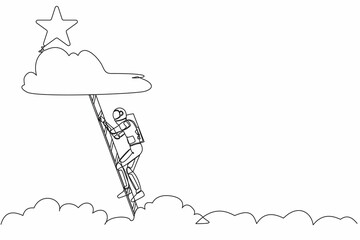 Poster - Single continuous line drawing young astronaut climbing ladder to reach out for star. Motivation to be success in moon spacewalk. Cosmonaut deep space. One line draw graphic design vector illustration