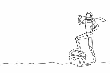 Poster - Single one line drawing young astronaut digging ground with shovel and step on treasure chest. Success achievement in interstellar discovery. Cosmic galaxy space. Continuous line graphic design vector