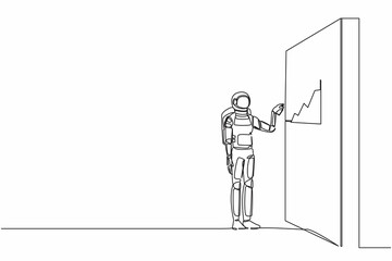 Poster - Single continuous line drawing astronaut drawing profit graph on wall in moon surface. Analysis economic opportunity in space company. Cosmonaut deep space. One line graphic design vector illustration