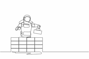 Poster - Continuous one line drawing astronaut building brick wall. Future house development. Preparation home reparation on moon surface. Cosmonaut outer space. Single line graphic design vector illustration