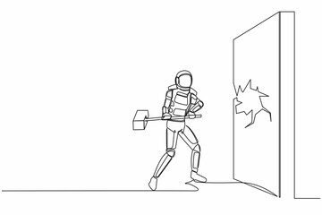 Poster - Continuous one line drawing astronaut breaks and hitting wall with hammer. Achievement way for success space expedition project. Cosmonaut outer space. Single line graphic design vector illustration