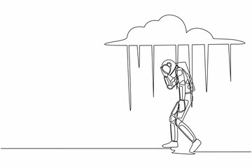 Poster - Continuous one line drawing young astronaut walking under rain cloud. Loneliness in overcast weather. Space company bankruptcy . Cosmonaut outer space. Single line graphic design vector illustration
