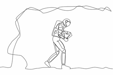 Poster - Continuous one line drawing young astronaut carrying big diamond from moon underground. Success in galactic spaceship exploration. Cosmonaut outer space. Single line graphic design vector illustration