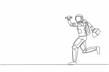 Poster - Single continuous line drawing young astronaut mechanic running with tool box in moon surface. Technical service on spaceship problem. Cosmonaut deep space. One line graphic design vector illustration