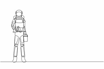 Poster - Continuous one line drawing astronaut holds roller with paint and bucket of paint. Future house decoration. Preparation home reparation. Cosmonaut outer space. Single line design vector illustration
