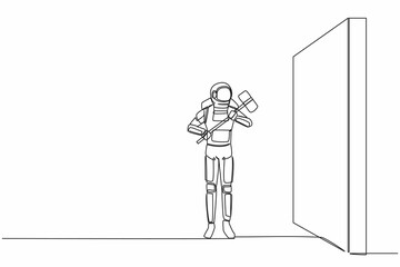 Poster - Single one line drawing astronaut standing and holding big hammer while facing wall in moon surface. Space company development. Cosmic galaxy space. Continuous line graphic design vector illustration
