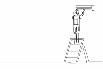 Poster - continuous one line drawing of young astronaut technician repairing air conditioner. spaceman abilit