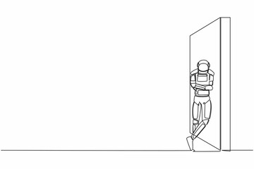 Poster - Continuous one line drawing young astronaut standing and leaning against wall in moon surface. Thinking about space exploration. Cosmonaut outer space. Single line graphic design vector illustration