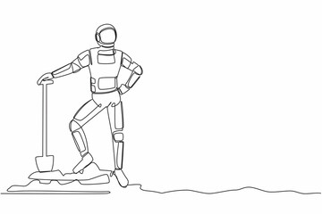 Poster - Single continuous line drawing of young astronaut standing and holding shovel on dug ground. Excited spaceman find treasures in dirt. Cosmonaut deep space. One line graphic design vector illustration