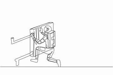 Poster - Single one line drawing young astronaut repair and installation batteries heater radiator. Ability to repair operating system. Cosmic galaxy space. Continuous line graphic design vector illustration