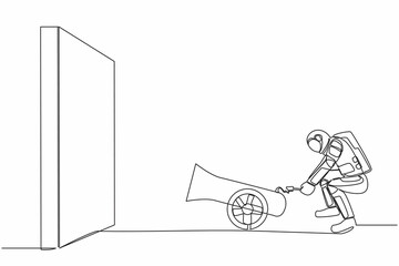 Poster - Single continuous line drawing astronaut ignites cannon in front of wall and want to destroy. Future spaceship technology development. Cosmonaut deep space. One line graphic design vector illustration