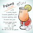 Paloma cocktail, vector sketch hand drawn illustration, fresh summer alcoholic drink with recipe and fruits	