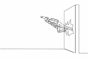 Poster - Single one line drawing young astronaut punch and break the wall. Flying spaceman breaks the wall in moon surface. Cosmic galaxy space concept. Continuous line draw graphic design vector illustration