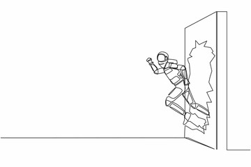 Poster - Single continuous line drawing young astronaut run and breaking through brick wall in moon surface. Future spaceship tech development. Cosmonaut deep space. One line graphic design vector illustration