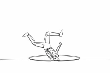 Poster - Continuous one line drawing astronaut falling into deep hole. Protruding legs from hatch. Failure in spaceship galactic expedition. Cosmonaut outer space. Single line draw design vector illustration