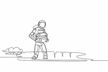 Poster - Single continuous line drawing astronaut carrying chest treasure in moon ground. Spaceman finding gem box artefact. Gold hunting. Cosmonaut deep space. One line draw graphic design vector illustration
