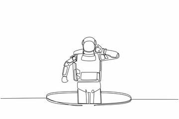 Poster - Single one line drawing confused young astronaut emerges from the hole. Depressed and spaceship business failure concept. Cosmic galaxy space. Continuous line draw graphic design vector illustration