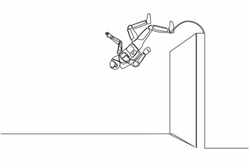 Poster - Continuous one line drawing young astronaut jumping over brick wall with acrobatic style. Successful in interstellar expedition. Cosmonaut outer space. Single line graphic design vector illustration