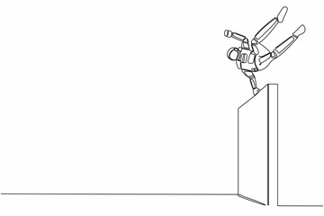 Poster - Single continuous line drawing young astronaut jumps over wall avoid comfort zone in moon surface. Future technology development. Cosmonaut deep space. One line draw graphic design vector illustration