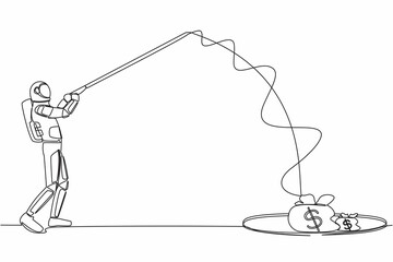 Poster - Single one line drawing astronaut holding fishing rod got big money bag from hole. Spaceman catching money bag with fishing rod. Cosmic galaxy space. Continuous line graphic design vector illustration