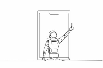 Poster - Continuous one line drawing of astronaut soccer referee showing yellow card out of smartphone screen. Smartphone with app soccer football. Cosmonaut outer space. Single line design vector illustration