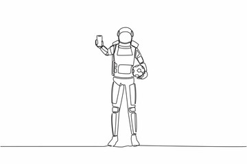 Poster - Single continuous line drawing astronaut soccer player holding football ball and smartphone. Mobile football soccer. Mobile sport play match. Cosmonaut deep space. One line design vector illustration
