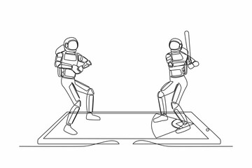 Poster - Single one line drawing baseball field with two astronaut players on smartphone screen. Online baseball games. Smartphone applications. Cosmic galaxy space. Continuous line design vector illustration