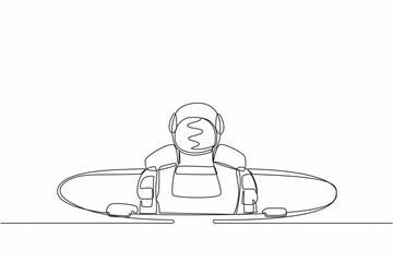 Poster - Single continuous line drawing young astronaut emerges from hole. Failure to take advantage of space expedition opportunities. Cosmonaut deep space concept. One line graphic design vector illustration