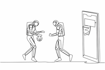 Poster - Continuous one line drawing two basketball players astronaut in action during game out of smartphone screen. Online basketball game. Cosmonaut outer space. Single line draw design vector illustration