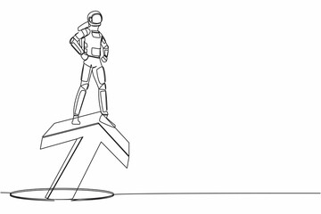 Poster - Continuous one line drawing astronaut standing on big arrow coming out of holes. Spaceman lead financial graph rising from hole. Cosmonaut outer space. Single line graphic design vector illustration