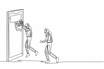 Poster - Single one line drawing two basketball players astronaut in action during game out of smartphone screen. One player doing slam dunk into basket. Cosmic galaxy space. Continuous line draw design vector