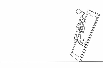 Poster - Single continuous line drawing of young astronaut volleyball athlete player in action jumping spike getting out of smartphone screen. Cosmonaut deep space. One line graphic design vector illustration