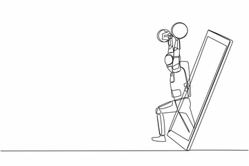 Poster - Continuous one line drawing bodybuilder astronaut doing exercise with heavy weight bar getting out of smartphone screen. Online weight lifting. Cosmonaut outer space. Single line graphic design vector