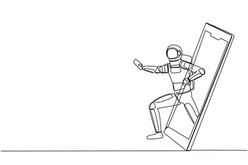 Poster - Single one line drawing astronaut karateka stance and getting out of smartphone screen. Mobile sports play matches. Duel martial art online game. Continuous line draw design vector illustration