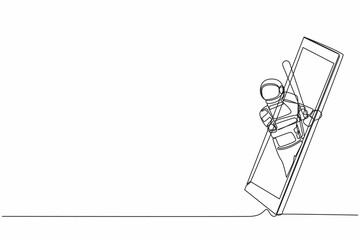 Poster - Continuous one line drawing astronaut baseball player ready to hit the ball getting out of smartphone screen. Mobile sports play matches. Cosmonaut outer space. Single line design vector illustration