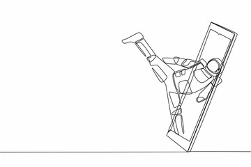Poster - Single one line drawing of taekwondo astronaut in spacesuit doing kick pose getting out of smartphone screen. Online app taekwondo game. Cosmic galaxy space. Continuous line design vector illustration