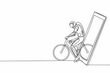 Poster - Single continuous line drawing young astronaut bicycle racer improve his speed at training session getting out of smartphone screen. Cosmonaut deep space. One line graphic design vector illustration