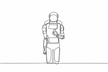 Poster - Single continuous line drawing of young astronaut standing with thumbs up gesture. Deal, like, agree, approve, accept. Cosmonaut deep space concept. Dynamic one line graphic design vector illustration