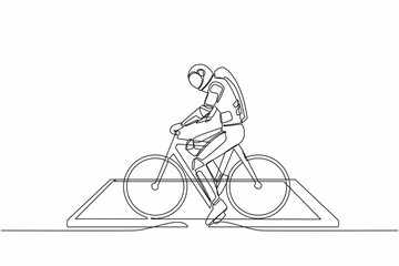 Poster - Single continuous line drawing young astronaut wearing helmet, riding bicycle on smartphone screen. Virtual bicycle for cardio training. Cosmonaut deep space. One line draw design vector illustration