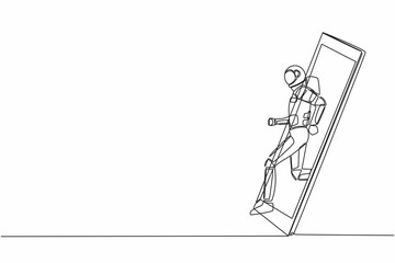Poster - Single one line drawing astronaut runner focus to run fast at track, getting out of smartphone screen. Mobile sports play matches. Cosmic galaxy space. Continuous line draw design vector illustration