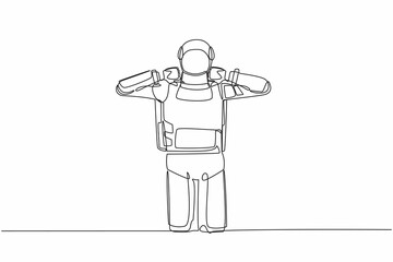 Poster - Single continuous line drawing astronaut standing with thumb down sign gesture. Dislike, disagree, disappointment, disapprove, no deal. Cosmonaut deep space. One line draw design vector illustration