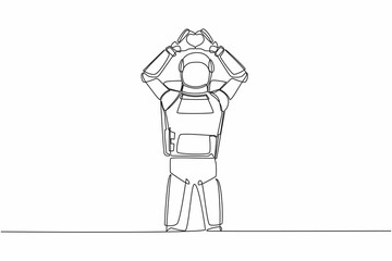 Poster - Single one line drawing of young astronaut standing with making love sign or heart symbol with fingers over head. Cosmic galaxy space concept. Modern continuous line graphic design vector illustration